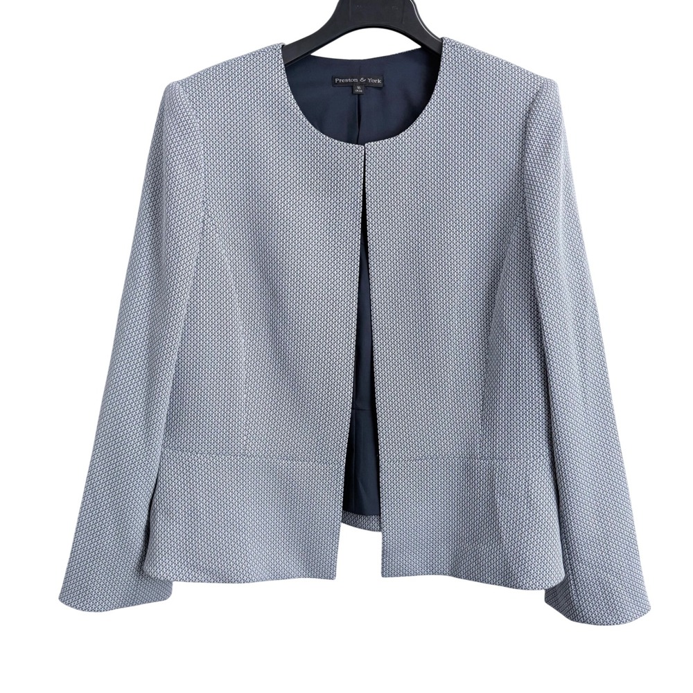 Preston & York Blue White Textured Geometric Peplum Blazer Jacket Womens 16
